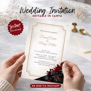 Black Bow Wedding Invitation Template Editable in Canva, Burgundy Wedding Invitation Suite, Elegant Luxury Wedding Invite, Printable