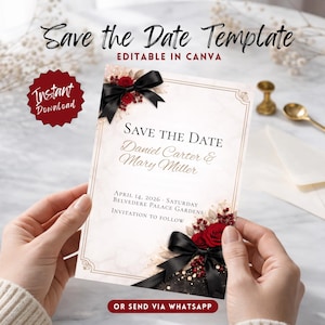 Black Bow Save the Date Template Editable in Canva, Burgundy Wedding Save the Date Card, Elegant Luxury Wedding Announcement, Printable