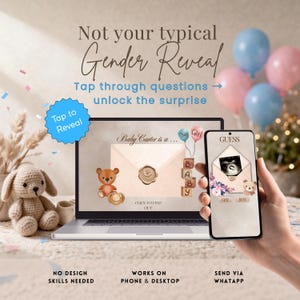 以下が含まれることがあります： 性別発表のお知らせがラップトップとスマートフォンに表示されています。ラップトップにはテディベアと封筒のデザインが表示されています。スマートフォンには超音波検査が表示されています。テキストは「Not your typical Gender Reveal」と表示されています。