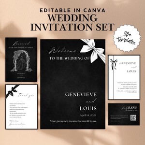 Timeless Black & White Wedding Template Bundle, Editable Canva Suite, Bow Ribbon Design, All-in-One Wedding Set