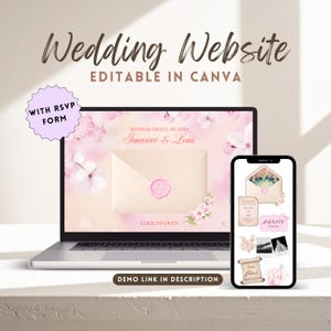 Editable Wedding Website Template, Canva Wedding Website with RSVP, Digital Wedding Invitation, Cherry Blossom Sakura Floral, Romantic Pink