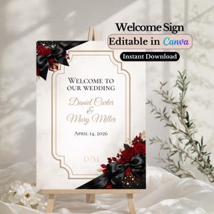 Black Bow Wedding Welcome Sign Template Editable in Canva, Luxury Wedding Sign 18x24 Inch, Elegant Gold Red Wedding Welcome Poster