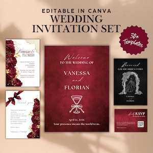All-In-One Burgundy Gold Wedding Invitation Suite | Royal Ruby Floral Luxury Template | Editable Invite, RSVP, Save the Date, Welcome Sign