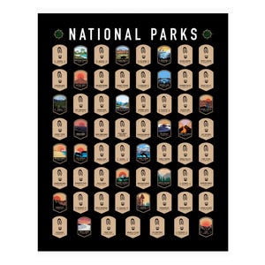 May include: A black poster with the words "NATIONAL PARKS" at the top. The poster features numerous small, rectangular images, each depicting a different national park scene. The images are arranged in rows and columns, with a footprint symbol at the bottom of each.