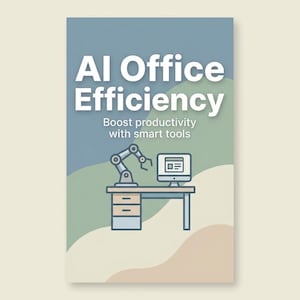 May include: A book cover with the title "AI Office Efficiency" in white text. Below, the text reads "Boost productivity with smart tools." An illustration shows a desk with a computer and robotic arm.
