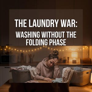 May include: A person in a pink hoodie sits at a wooden table with two laundry baskets full of clothes. The text reads "THE LAUNDRY WAR: WASHING WITHOUT THE FOLDING PHASE" in white capital letters.