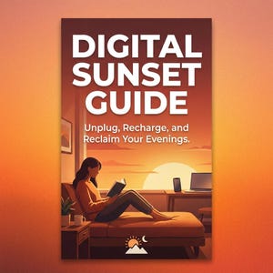以下が含まれることがあります： 「DIGITAL SUNSET GUIDE」というタイトルの本の表紙。「Unplug, Recharge, and Reclaim Your Evenings」というキャッチコピー。イラストは、ソファで読書をする人、夕日、ラップトップ、電話を描いています。