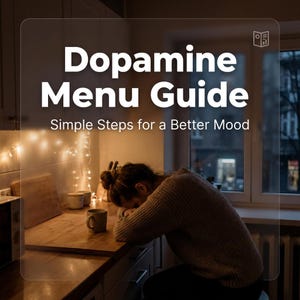 May include: The image features a book cover with the title "Dopamine Menu Guide" in large white letters. Below, the text reads "Simple Steps for a Better Mood." The scene includes a person resting on a wooden countertop with a mug, suggesting a focus on mental well-being.