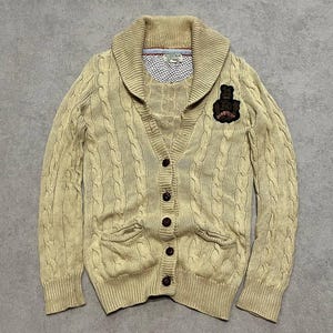 Vintage Polo Ralph Lauren Dam Kabelstickad Tröja Kofta Crest Beige Storlek M