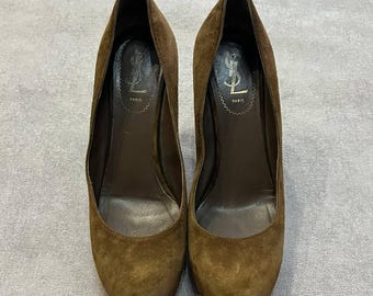 Zapatos de tacón vintage de ante marrón para mujer de YSL Yves Saint Laurent, talla 38.