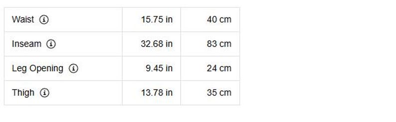 Puede incluir: Una tabla blanca muestra medidas de ropa. La cintura es de 40 cm, la entrepierna es de 83 cm, la abertura de la pierna es de 24 cm y el muslo es de 35 cm.