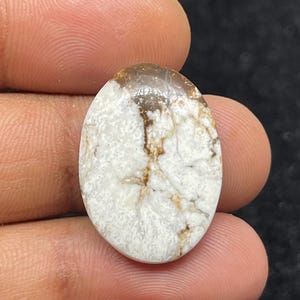 Peut inclure: Pierre précieuse ovale avec une base blanche et des veines brunes. La partie supérieure de la pierre est marron translucide. La pierre est tenue entre les doigts, mettant en valeur sa surface polie et ses motifs naturels. Une pierre unique et naturelle.