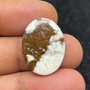 Peut inclure: Une pierre précieuse ovale avec un motif unique. La pierre présente un mélange de couleurs marron et blanc, la partie marron ayant un aspect texturé. La section blanche a un effet nuageux et marbré. La pierre est tenue entre les doigts.