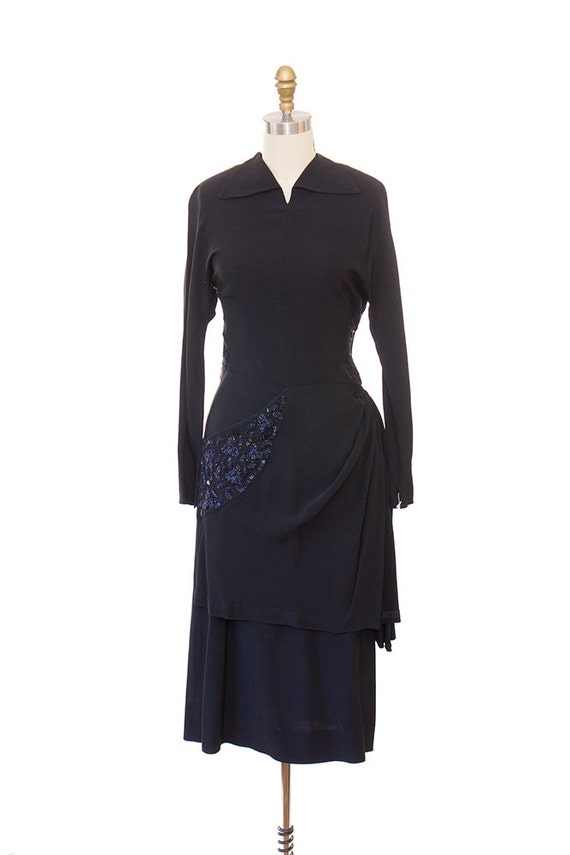 Vintage 1940s Evening Dress / 1940s Black Rayon Dr