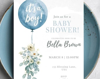 Inbjudan till babyshower med blå ballonggrönt (digital nedladdning)
