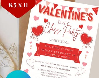 Redigerbar inbjudan till klassfest på Alla hjärtans dag, utskrivbar flyer (20,5 x 28 cm) (Canva-mall)
