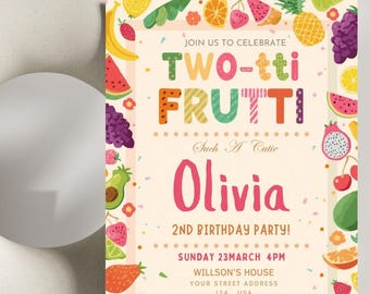 Inbjudan till 2-årsdag med två tti-tti Frutti-motiv, fruktfestinbjudan, Canva-mall (digital nedladdning)