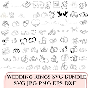 Op de afbeelding: Een verzameling zwart-wit lijntekeningen van trouwringen in diverse ontwerpen. Sommige ringen hebben diamanten, harten en strikken. De tekst "WEDDING RINGS SVG BUNDLE" staat onderaan.
