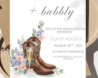 Inbjudan till möhippa med stövlar och bubblor | Mall för västerländsk cowgirlblommor (digital nedladdning)
