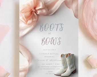 Mall för inbjudan till könsavslöjande i Boots or Bows, rustikt rosa och brunt
