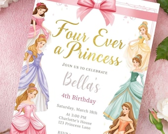 Redigerbar inbjudan till fest med rosa rosett till prinsessa, 4-årsdag, digital Canva-mall