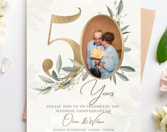 Inbjudan till 50-årsjubileum, grönska, guldfärgat foto, redigerbart (digital nedladdning)
