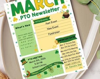 Mall för nyhetsbrev för St. Patrick's Day i mars | Redigerbar skolförälder/förälderförälder i Canva (digital nedladdning)