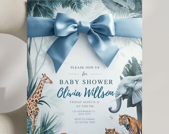 Blå Toile Safari babyshowerinbjudan: Digital inbjudan (13x18 cm)