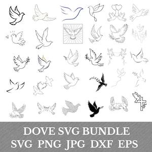 May include: A collection of dove illustrations in various styles, including line art and silhouettes. Some doves hold olive branches or are paired with hearts. The text "DOVE SVG BUNDLE" and file type formats are displayed at the bottom.
