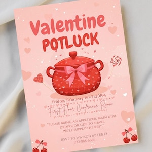 Könnte beinhalten: Eine rosa Valentinstags-Potluck-Einladung mit einer roten Topf-Illustration und dem Text "Valentine POTLUCK". Die Einladung enthält Details für die Veranstaltung, wie Datum, Uhrzeit und Ort, sowie RSVP-Informationen.