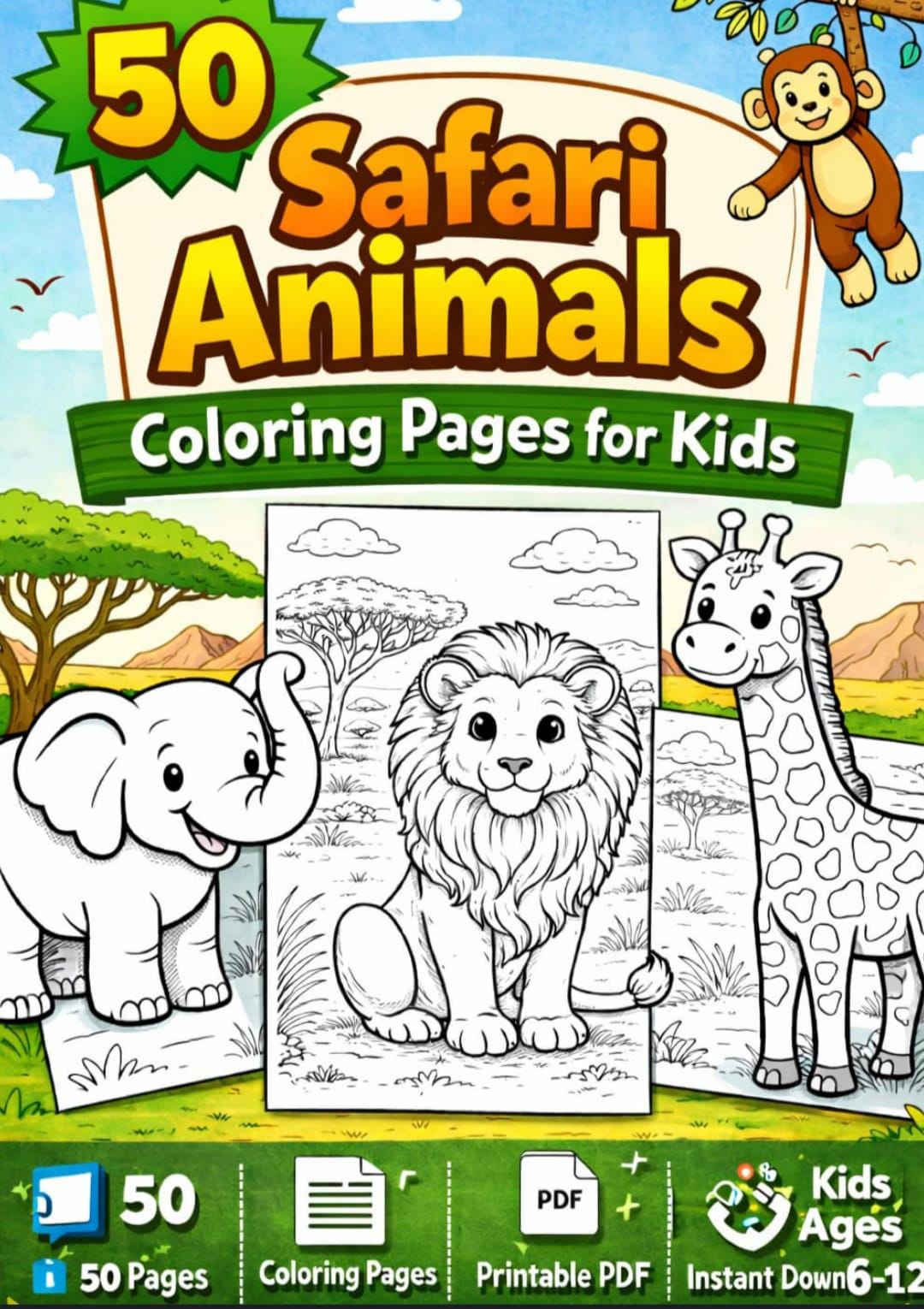 Safari Animals Coloring Pages for Kids | Printable PDF | 50 Pages - Etsy