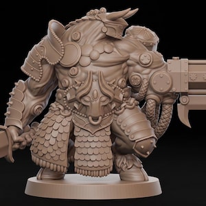 May include: A light brown miniature figurine of a bull-like warrior standing on a circular base. The figure wears segmented armor, a scale-patterned skirt, and carries a curved sword in one hand and a large mechanical cannon in the other.
