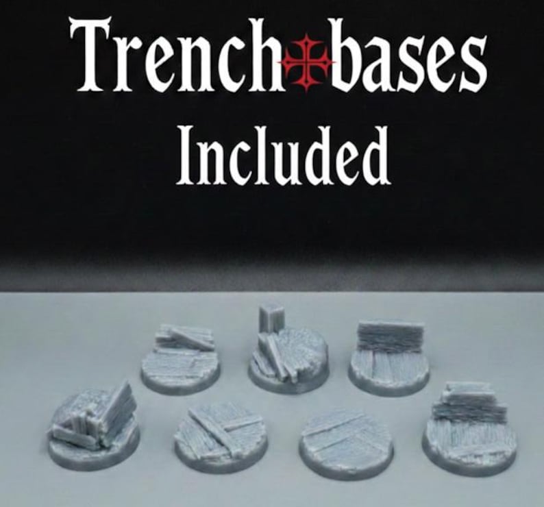 May include: A set of seven circular grey resin miniature bases featuring textured trench-themed details like wooden planks and debris. The text "Trench bases Included" is displayed in white font above the collection of unpainted gaming bases.