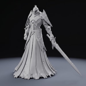 May include: A detailed, grey figurine of a knight in full armour, holding a long sword. The armour features intricate designs and a helmet with a bird-like crest. The knight's attire includes a flowing skirt-like garment.