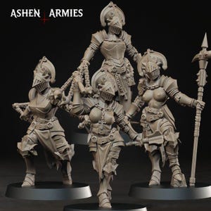May include: Four unpainted miniature figurines of armoured knights standing on circular black bases. The figures wear ornate helmets, chest plates, and belts with cross motifs. They hold various weapons including a flail and a polearm. Text reads ASHEN ARMIES.