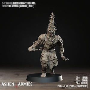 Może przedstawiać: Szczegółowa miniaturowa figurka Pielgrzyma Okopu, część serii Bleeding Procession. Figurka jest ubrana w zbroję i nosi koronę cierniową. Podstawa mierzy 25 mm, o wymiarach 2,8 x 4,2 x 2,3 cm. Widoczny jest tekst "ASHEN ARMIES".