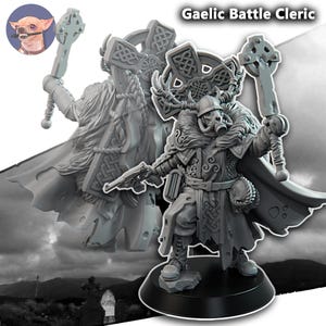 May include: A gray miniature figure titled Gaelic Battle Cleric, featuring a character in a gas mask, fur-lined cloak, and chainmail, holding a Celtic cross-shaped mace and a pistol, standing on a circular black base with a second view behind.