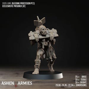 May include: A gray miniature figure titled 2026 June Bleeding Procession Pt.3 Ecclesiastic Prisoner 02. The figure depicts a person in a wooden pillory with a bomb-shaped object on their back, standing on a 25mm base with 20.00 x 35.95 x 22.34mm dimensions.