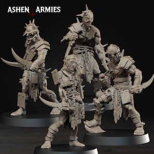 May include: Four gray warrior figurines with spiked helmets and armor, each holding a curved blade. The figures are posed in dynamic stances on black bases. The text "ASHEN ARMIES" is at the top of the image.