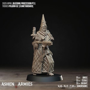Może przedstawiać: Szczegółowa miniaturowa figurka Pielgrzyma Okopu z miotaczem ognia z serii "Bleeding Procession". Figurka ubrana jest w pikowaną szatę i spiczasty kapelusz, o wymiarach 1,44 x 3,51 x 2,70 cm. Podstawa ma 2,5 cm, skala 3,2 cm, a wysokość 3,2 cm.