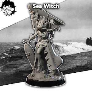 May include: A gray resin miniature figurine titled Sea Witch, depicting a character in a tall, ornate helmet and long coat, standing atop a base with a large torpedo-like object and swirling water effects, set against a black and white sea background.