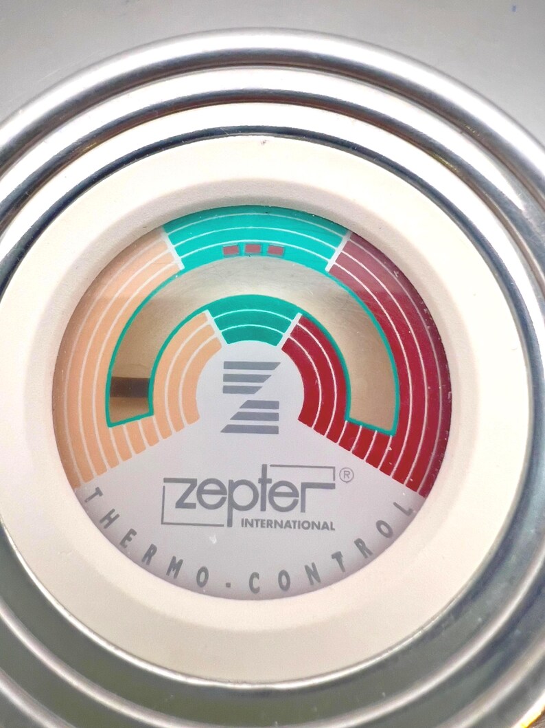 May include: Close-up of a Zepter Thermo Control device. The device has a white face with a circular design featuring teal, red, and tan arcs. The text "Zepter International" and "Thermo.Control" are printed on the face. The device is surrounded by a silver metal ring.