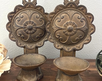 Set of 2 Vintage Antique Cast Metal Wall Candle Sconces Fleur-De-Lis Pattern