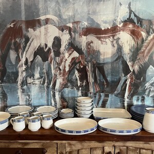 35 Piece Patton Handmade Stoneware Dinnerware Set Personalized Blue Floral Bespoke Family Pottery Serving Collection
