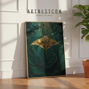 May include: A framed art print featuring a golden manta ray against a swirling, textured emerald green background. The artwork has a gold frame and the text "ARTNESTCOM PRINTABLE ART IMAGES" at the top.