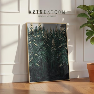 Impresión texturizada de bosque de pinos esmeralda para una decoración de sala de estar con un toque de humor (descarga digital)