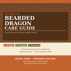 Op de afbeelding: Een digitale gids getiteld "The Complete Bearded Dragon Care Guide" met de tekst "Everything your beardie needs to thrive." De gids bevat 20 pagina's, 10 hoofdstukken en is een direct PDF. Het bevat afdrukbare trackers en gezondheidslogboeken.