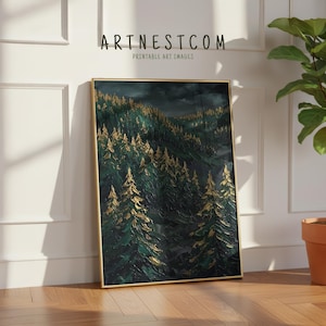 Impresión texturizada de un bosque de pinos esmeralda para una decoración de ambiente melancólico (descarga digital)