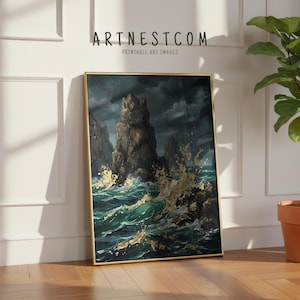 Estampados texturizados de océano en tonos dorados esmeralda para una decoración costera con un toque melancólico (descarga digital)