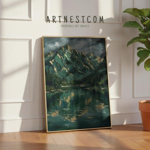Textured Emerald Lake Mountain Reflection Print for Moody Room Decor (Digital Download)